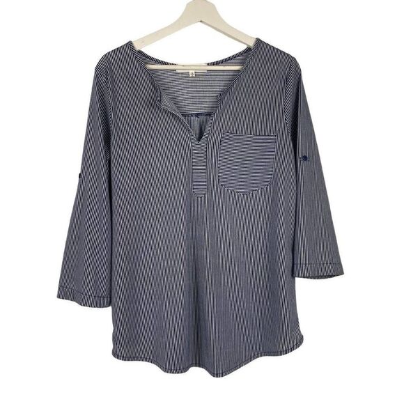 Eden & Olivia size small navy and white striped split neck top with roll sleeves - Picture 1 of 7